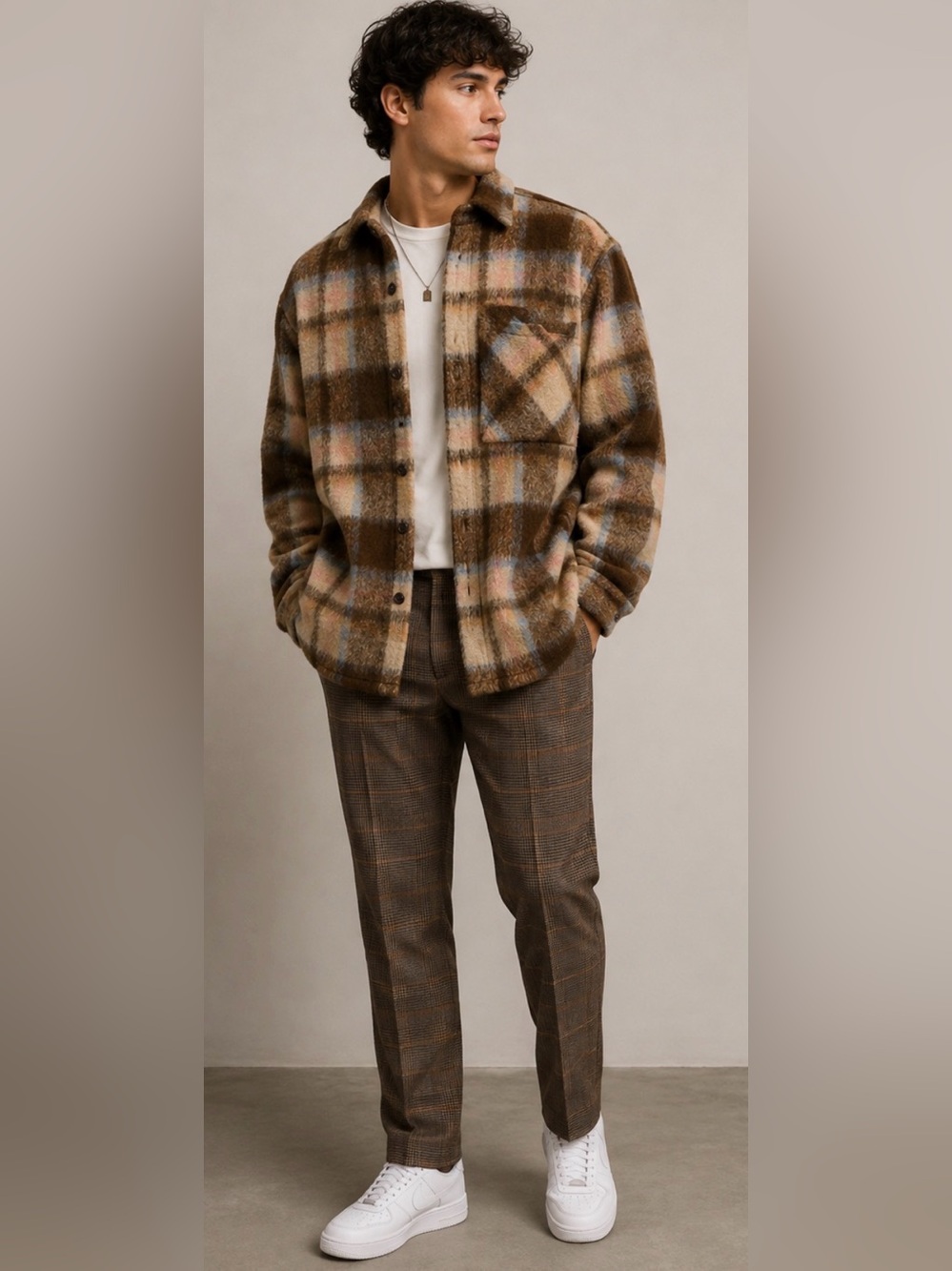 Boohoo MAN Brown & Tan Plaid Wool-Blend Shirt Jacket